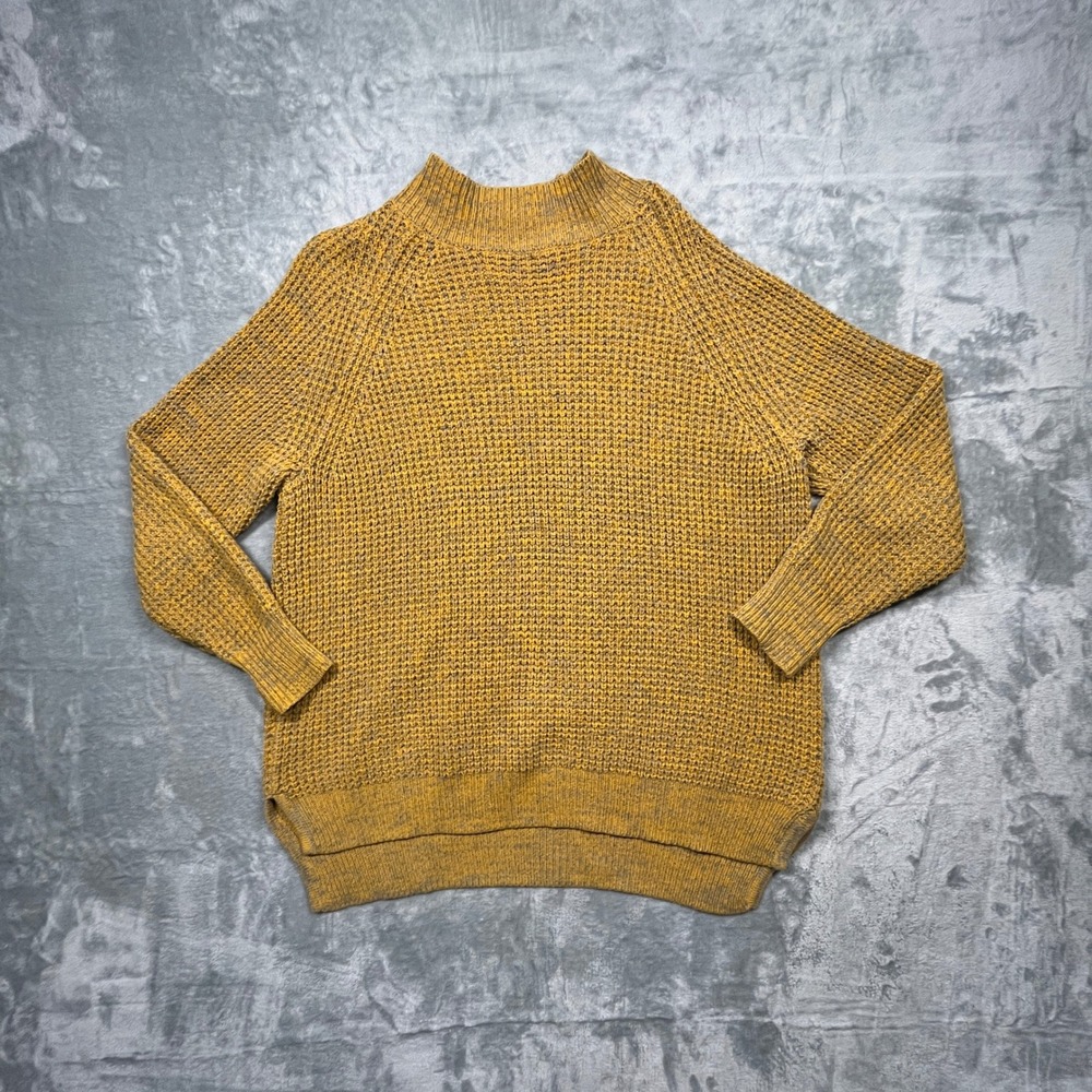 BDG Waffle Knit Sweater Womens‎ Medium Yellow Mock Neck Raglan High Low Pullover